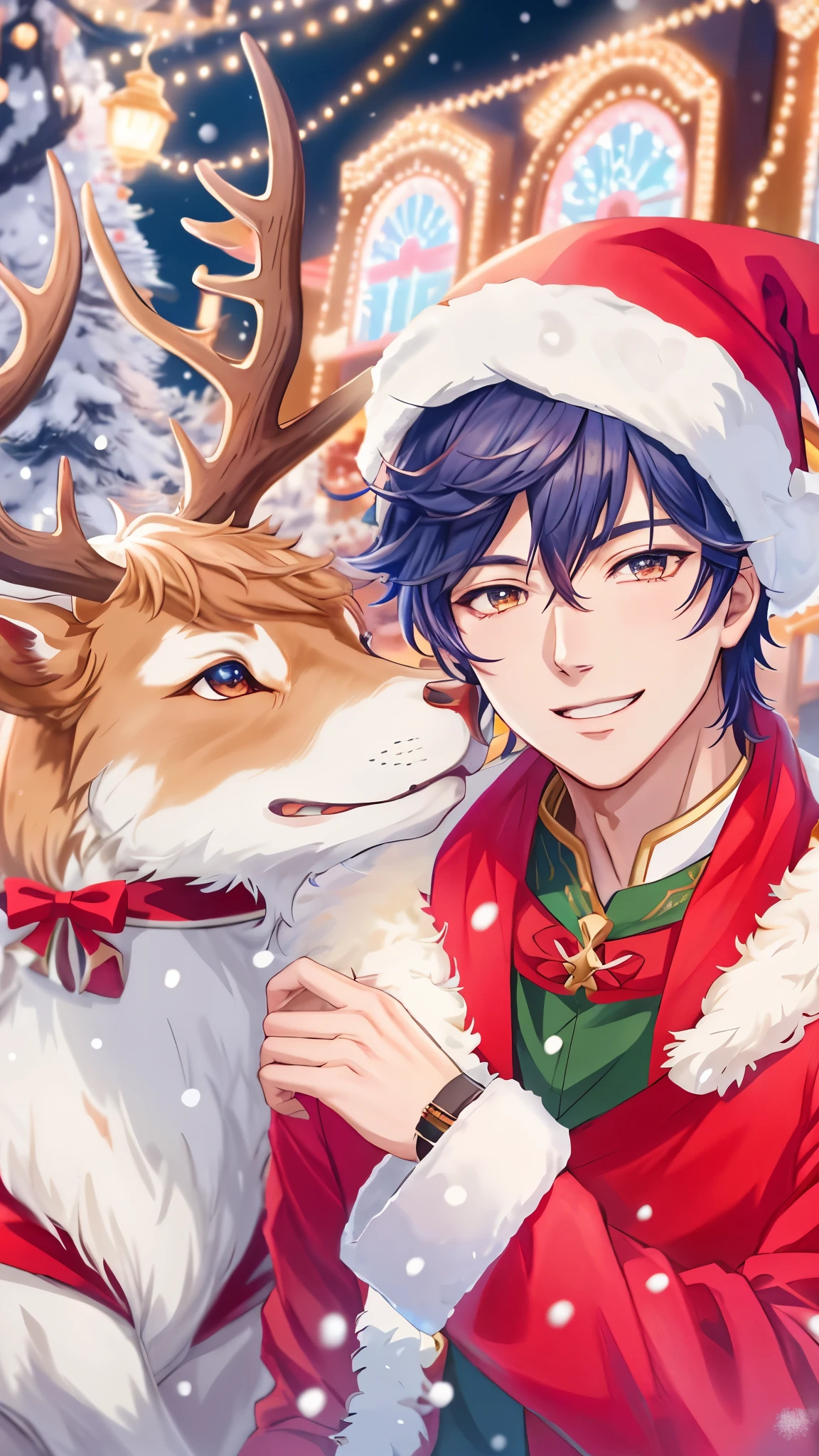 Anime boy with a deer with big horns in front of the Christmas tree, profile picture 1024px, 8K!, high quality fanart, anime cover, anime lush john 8K woods, 4 k manga wallpaper, anime style 4 k, official fanart, avatar image, Two anime handsome men, traditional art, Genshin, fanart, sakimichan、Very detailed CG Unity 8K wallpaper, (Super masterpiece, Beautiful person, well detailed face polluted smile, Photorealistic, hyper realisitic),