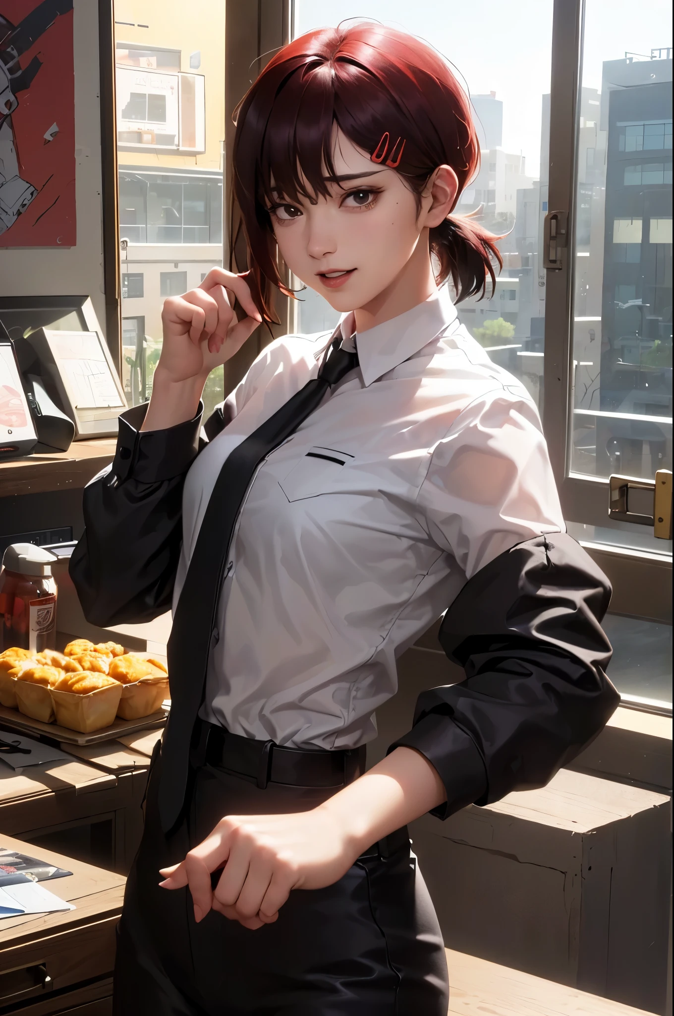 tmasterpiece,best qualtiy,ultra - detailed,illustratio,epic lighting,cinematic compositions,isometry,1girl,独奏,adolable,with brown eye,black color hair,sweeping bangs,single hair,red hair cliplouse with a white collar,black necktie,Black pantsuit,formal,a captivating gaze,captivating posture,inside in room,office room,doors,开doors,looking at viewert,peeking out upper body,Be red in the face,lusty smile,Shut your mouth,(8k:1.1),