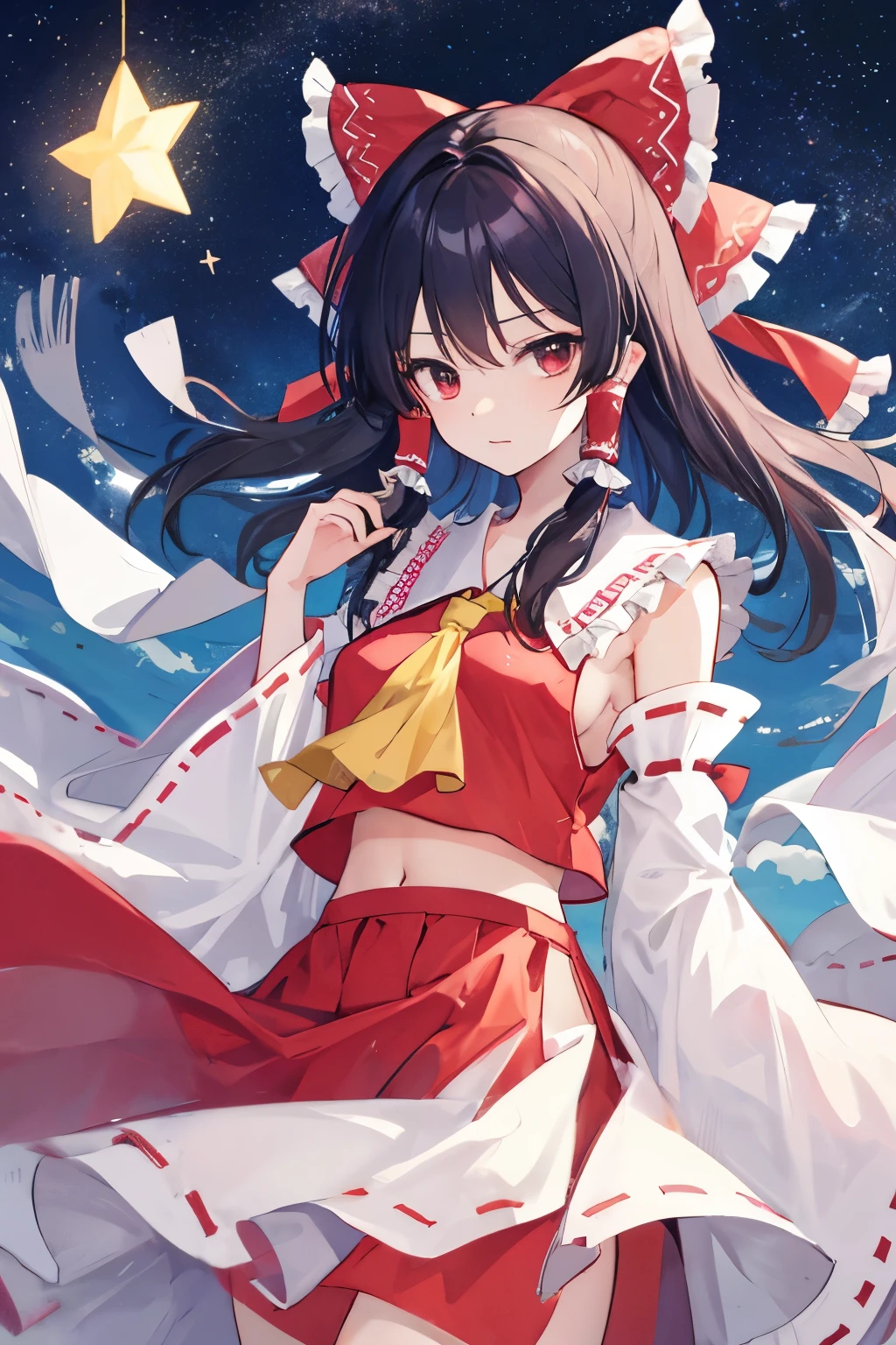 Hakurei Reimu,Touhou project, stars, milky way, sky, windy, looking the sky