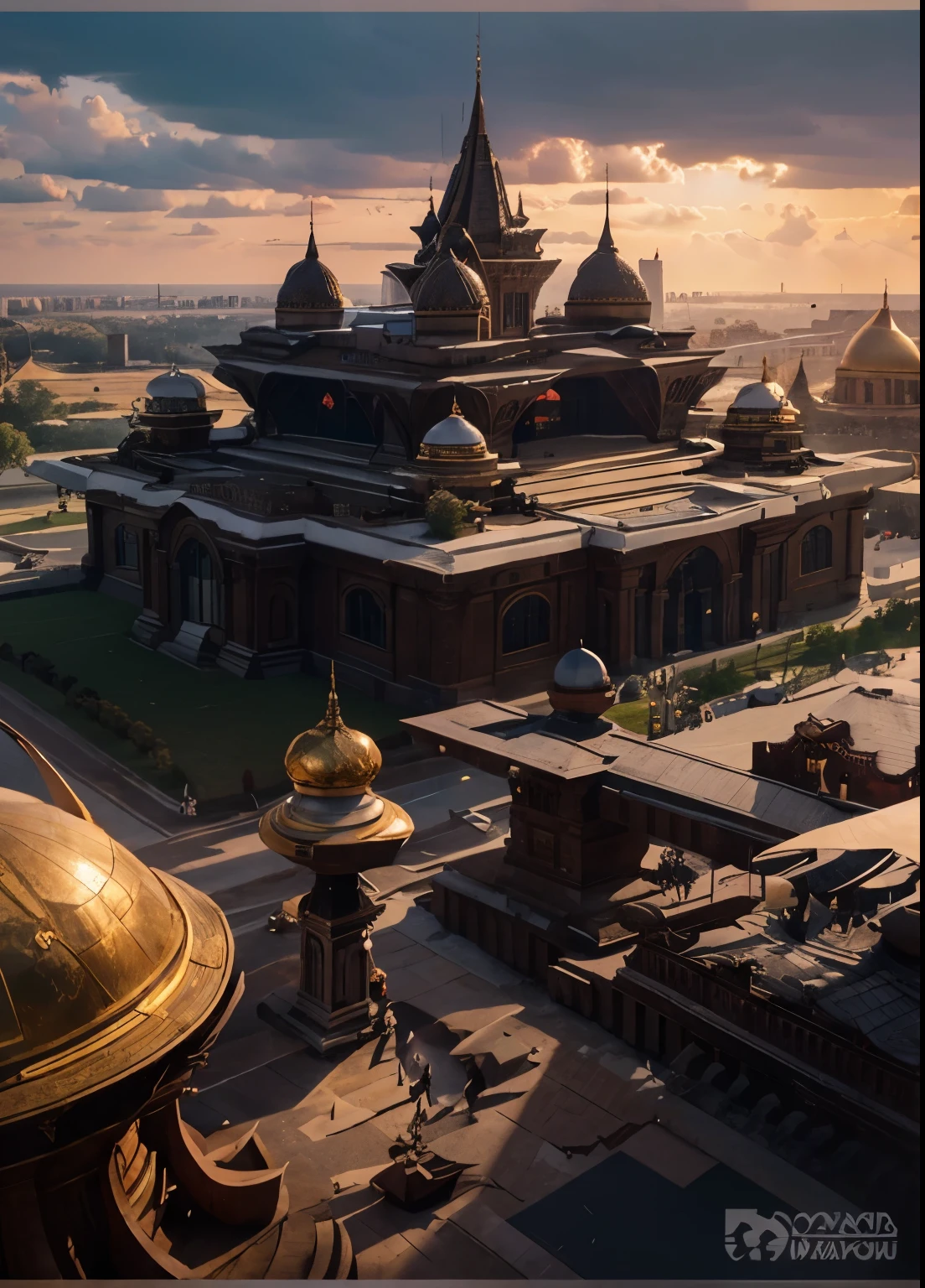 Russian Mega Structure, cone arrow roof dome, 3 cone domes on the upper part, 3 cone domes on lower part of the palace, magnificent architecture, beautiful jaw dropping image, day tme morning, ultra hyper realistic, 32k