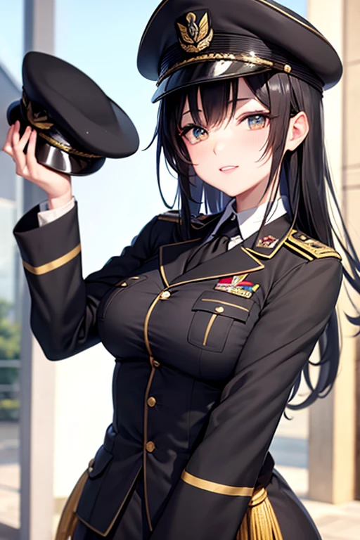 Anime, Military Uniform, Black Hair, Breast, Military Cap
