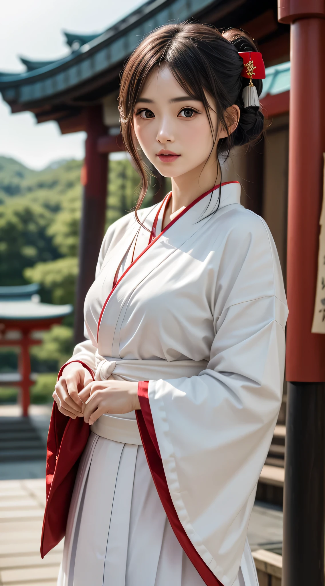1girl in, Chignon, Hair ornaments, Water leads, (shrines maiden), (Japanese style shrines maiden costume, White haori, Red Hakama:1.4), Extremely cute, Amazing face and eyes, (extremely detailed beautiful face), (Ultra Realistic), (Highly detailed eyes, Highly detailed hair, Highly detailed face, Highly detailed plump lips), Upper body, Search Smile, (Best Quality:1.4), Raw photo, (Realistic, photo-Realistic:1.37), Professional Photography, Cinematic Light, divine, shrines, Red torii gate,