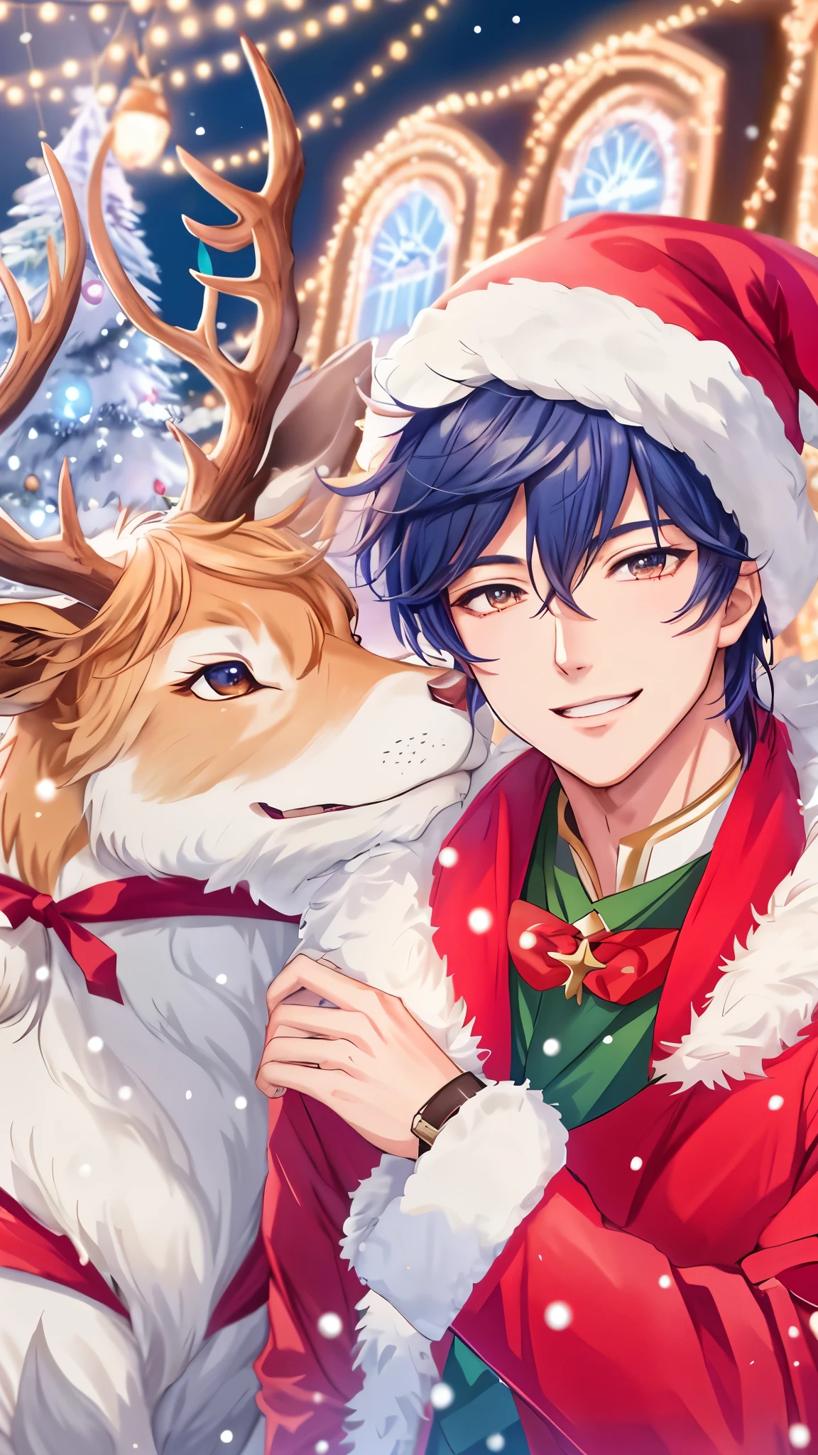 Anime boy with a deer with big horns in front of the Christmas tree, profile picture 1024px, 8K!, high quality fanart, anime cover, anime lush john 8K woods, 4 k manga wallpaper, anime style 4 k, official fanart, avatar image, Two anime handsome men, traditional art, Genshin, fanart, sakimichan、Very detailed CG Unity 8K wallpaper, (Super masterpiece, Beautiful person, well detailed face polluted smile, Photorealistic, hyper realisitic),