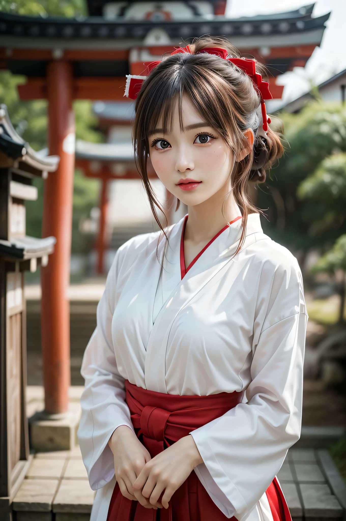 1girl in, Chignon, Hair ornaments, Water leads, (shrines maiden), (Japanese style shrines maiden costume, White haori, Red Hakama:1.4), Extremely cute, Amazing face and eyes, (extremely detailed beautiful face), (Ultra Realistic), (Highly detailed eyes, Highly detailed hair, Highly detailed face, Highly detailed plump lips), Upper body, Search Smile, (Best Quality:1.4), Raw photo, (Realistic, photo-Realistic:1.37), Professional Photography, Cinematic Light, divine, shrines, Red torii gate,