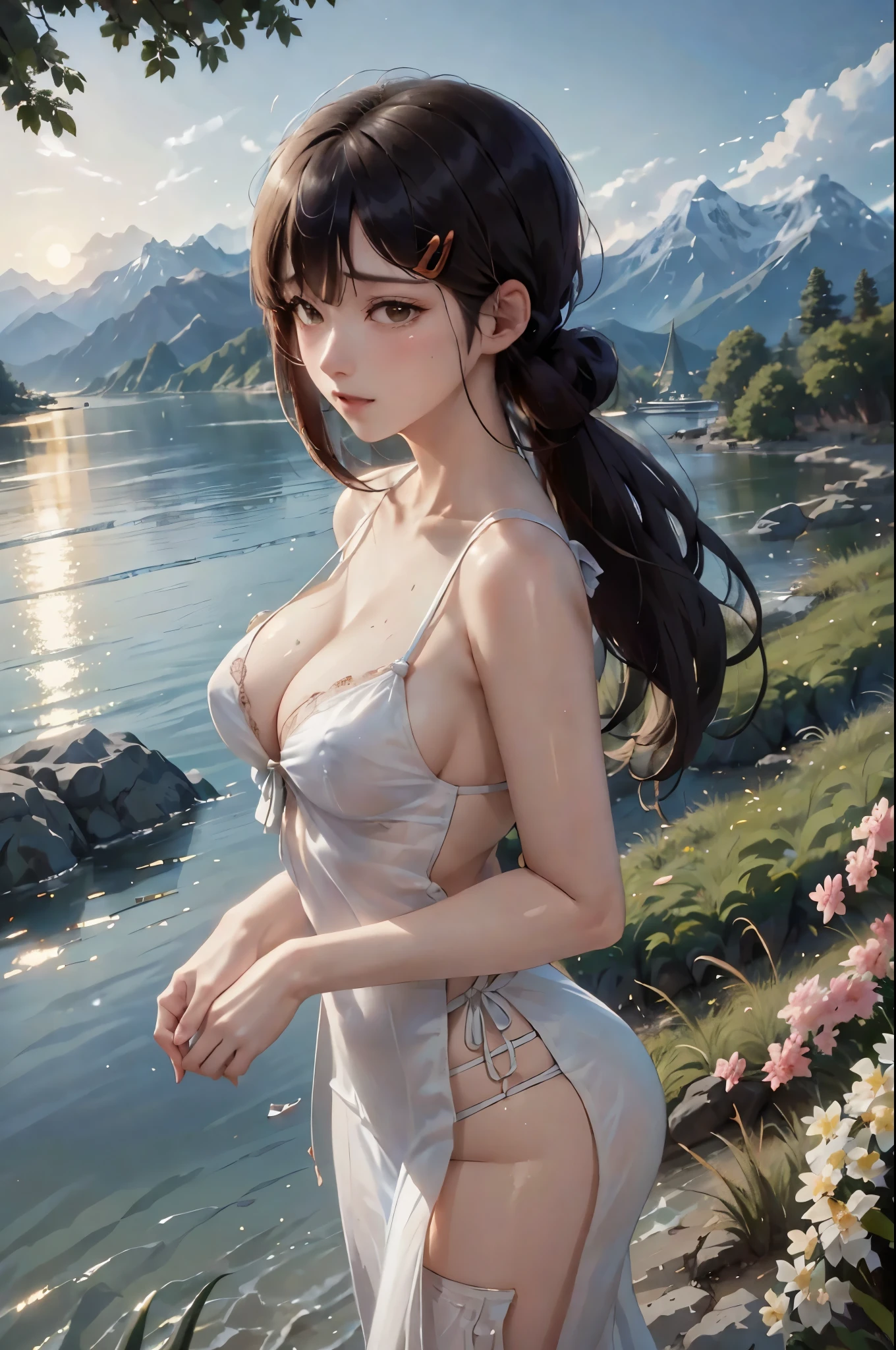 Best quality at best, tmasterpiece, extremely the detailed, the detailed background, the detailed eyes, Japanese cartoon, 1个Giant Breast Girl, pretty eyes, Young girls, long hair girl, Face with rich expressions, komono, Vintage, 山ventania景, Outdoor activities, the sunset, big breasts beautiful的天空, Lake picnic, The landscape, ventania景, horizon, Sitting near mountains, ventania, petals, springtime, Look away, Ambient lighting, Reflectors, natural, the detail, Realistis. flabbiness, big breasts beautiful, focused only, closeup cleavage, From the side Side, depth of fields, bokeh