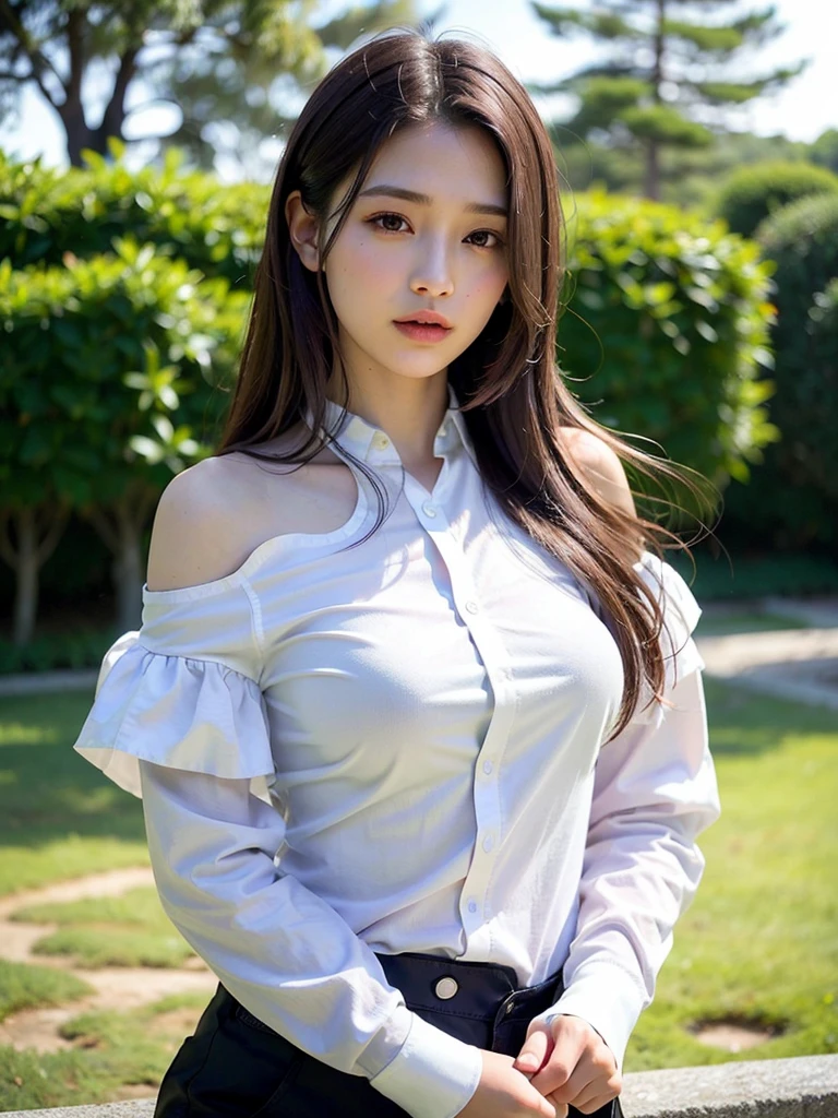 (Raw photo, Best Quality), (Realistic, Photorealsitic:1.3), masutepiece, Extremely delicate and beautiful, Soft light, (Brown hair, Shoulder-length straight hair swaying in the wind), Beautiful detailed girl, (Precise fingers, detailed eyes and face, beautiful detailed nose, Beautiful detailed eyes, 1 girl, japanes, Neat and clean beauty, Cute, 年轻, dress shirts, Pants, (Half body:1.3), (medium breasts), Realistic face, Realistic body,long-sleeve