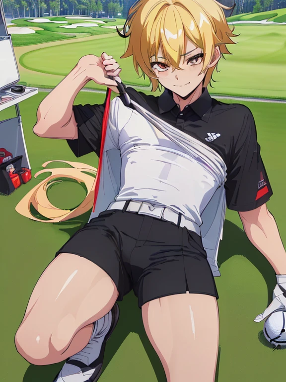 (((superfine illustration,hight resolution, masutepiece, best qualtiy,Best Quality,))), (A little boy),12 years old, A young male golf idol with a fearless face.,A boy as beautiful as Planding, Cool handsome face with smile,  Long legs, thighs thighs thighs thighs, Foots, Bulge, (blonde  hair、)、 Short,spiky hair、Shiny hair, (tight shiny white golf uniform ), (tight shiny black shorts), (sox), tussock, Cool pose, (厚いthighs thighs thighs thighs、Seduce your big ass to your crotch、(((Golf Course)))、((cocky、))、Smirk、Spread legs,Ultra-fine painting, (Best Quality, 4K, 8K, hight resolution, masutepiece:1.2),(((Being aware of the sexual gaze of middle-aged gay men))).、Service Shots、(((thighs thighs thighs thighsの間にゴルフクラブ:1.2)))、