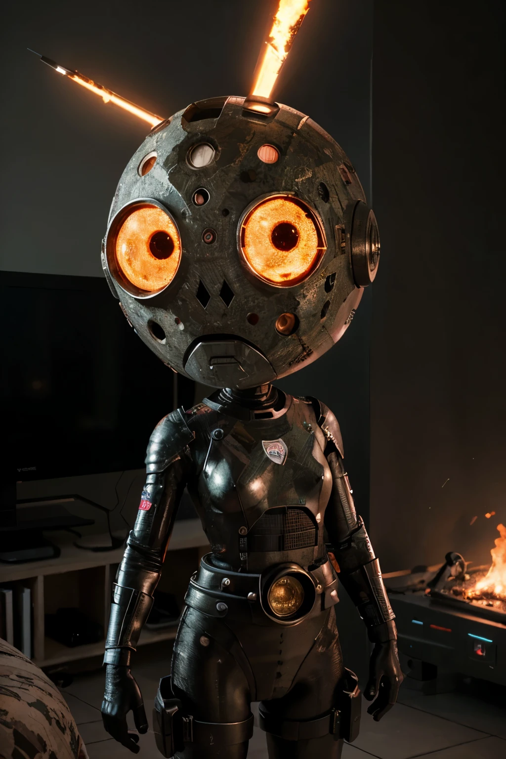 A Modern flat toon Crazy whit a Big ONE a Only Eye Robot and helmet Style, tongs in hands, Tv head, pinhead, camouflage PINK Rusty, Ambient in a meteorite crater super detailed, center, beautiful, soft lighting, focused on the character, 4K resolution, photorealistic rendering,