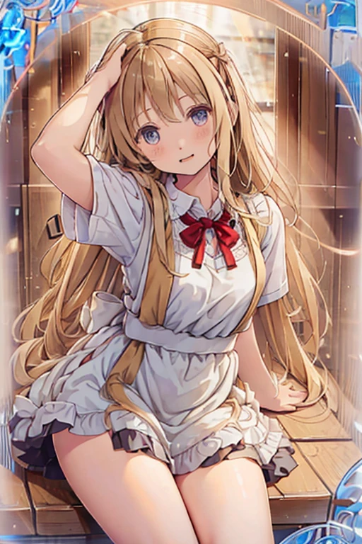 A girl with blonde wavy hair wearing a cute apron dress
