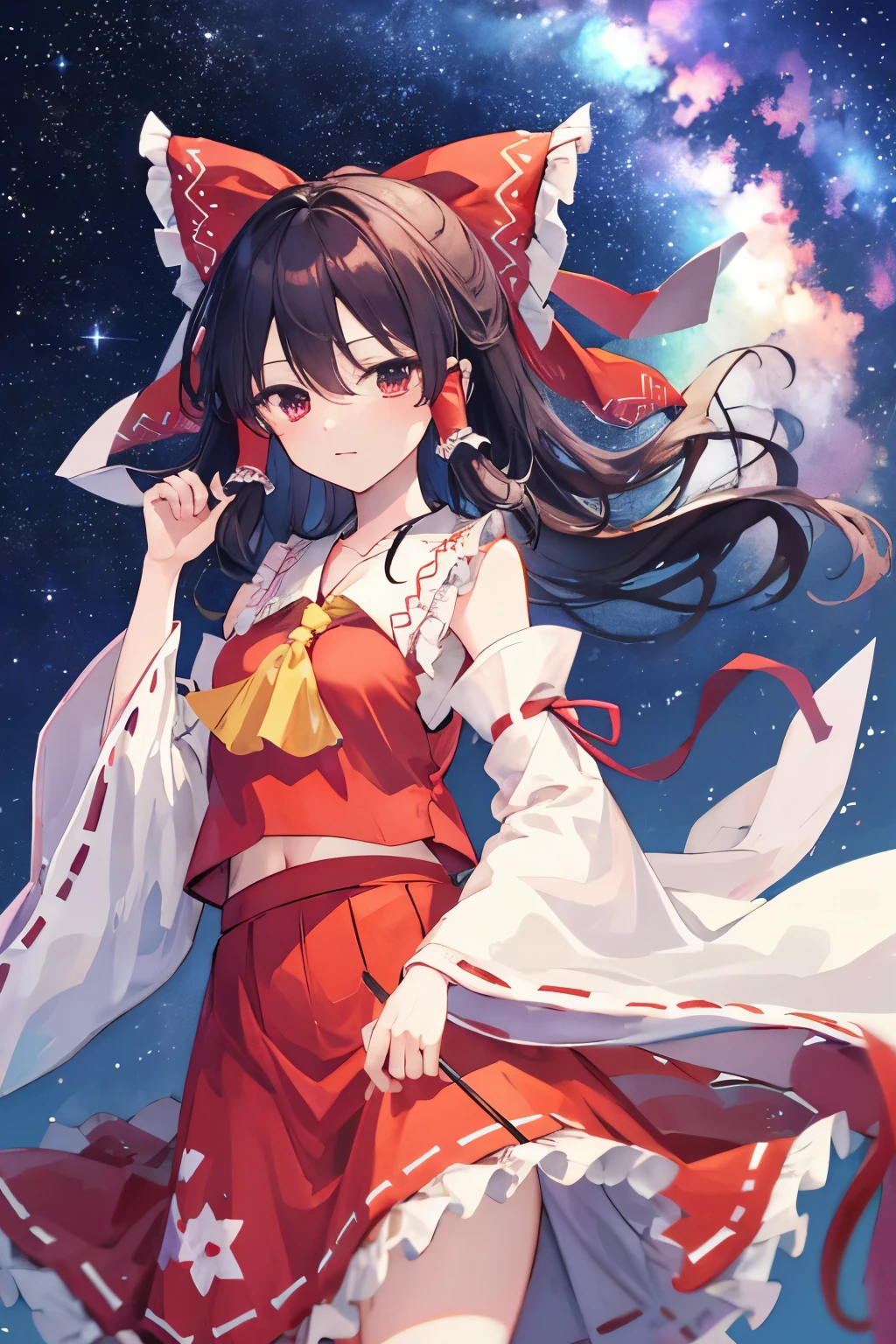 Hakurei Reimu,Touhou project, stars, milky way, sky, windy, looking the sky