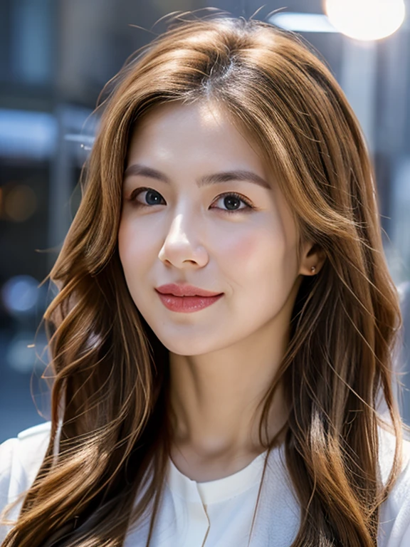 Long blonde hair, light brown eyes, 1 girl, slender, cute, innocent, (photorealistic, lens flare: 1.4), (complex details: 1.2), (masterpiece, : 1.3), (best quality: 1.4), (ultra high definition: 1.2), cinema light, ultra high definition, (detailed eyes), (detailed facial features), HDR, 8k resolution, facing the viewer, (shiny skin), dreamy, doctor, bright color blouse with a little transparency, full body, city, city