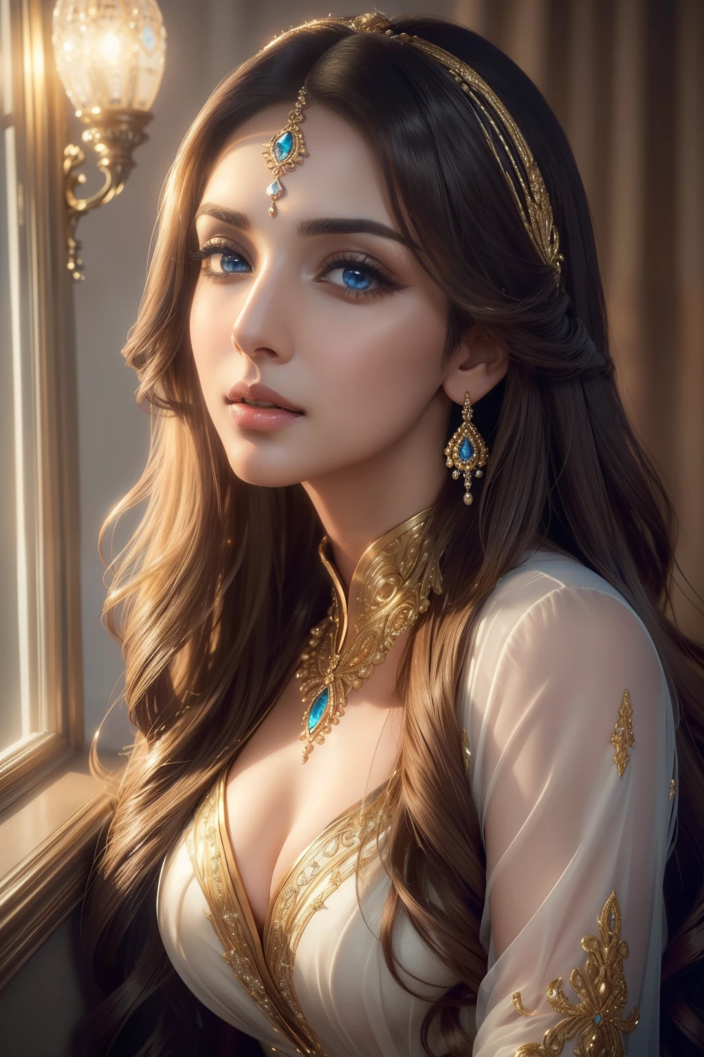 Face of kiara advani ,(best quality:1.2,ultra-detailed,photorealistic:1.37),beautiful woman,blue eyes,(elegant,long-flowing,flowy:1.1) hair,sexy, golden ratio, intricate details, natural beauty, vibrant colors, soft lighting