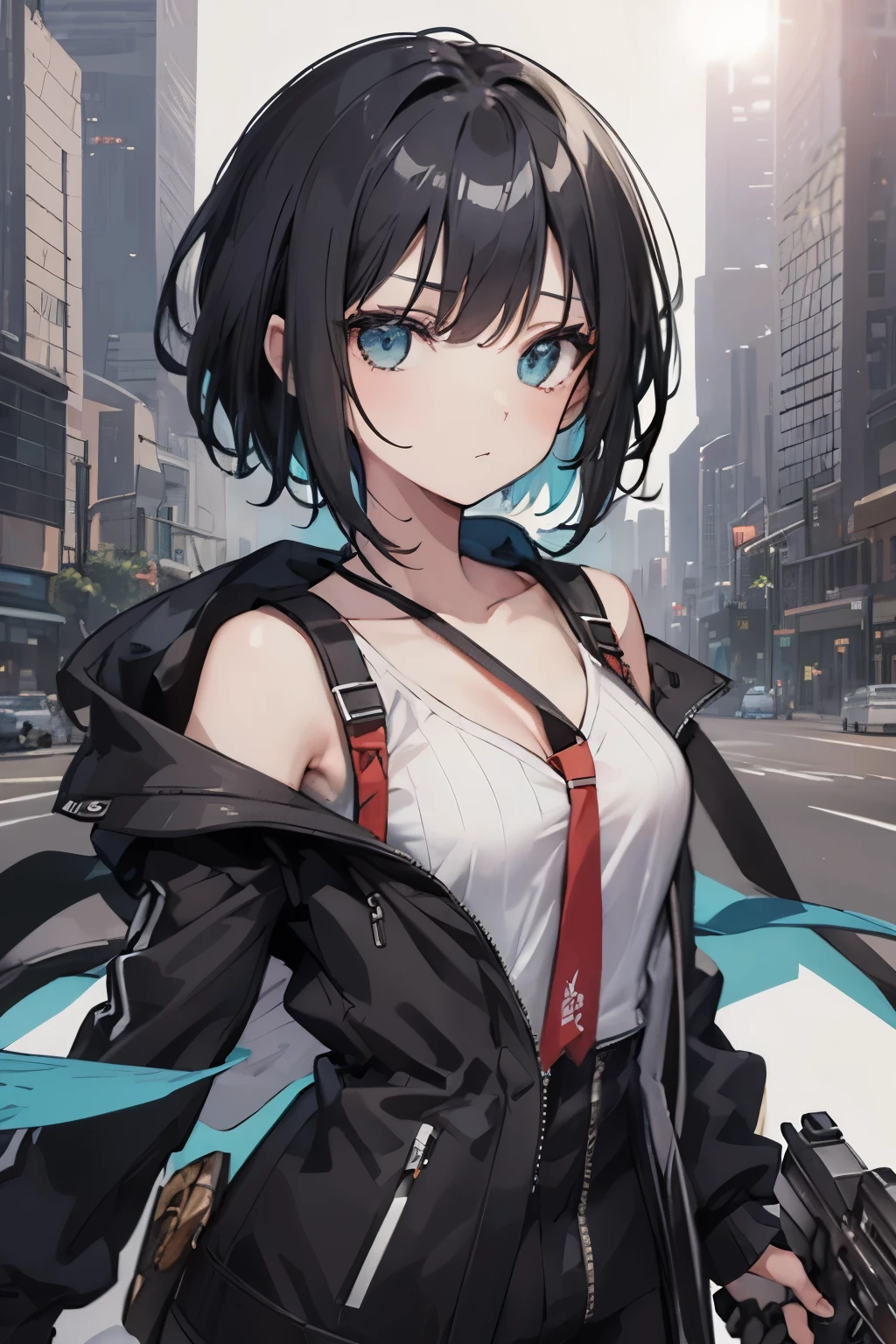 (masutepiece:1.2, Best Quality, Top Quality, Lens Flare, Depth of Field,), (Close Up: 1.3), (Wide Shot, Fisheye: 0.85), Face Focus, [1 girl in, expressioness, (Turquoise eyes:1.3),jet-black hair, Half shorthair,White jacket,Take off your jacket, Blouse with Open Chest, breast, ] , (Holding a Weapon, Holding a pistol,), gun, firing, city, street, road sign, skyscraper,