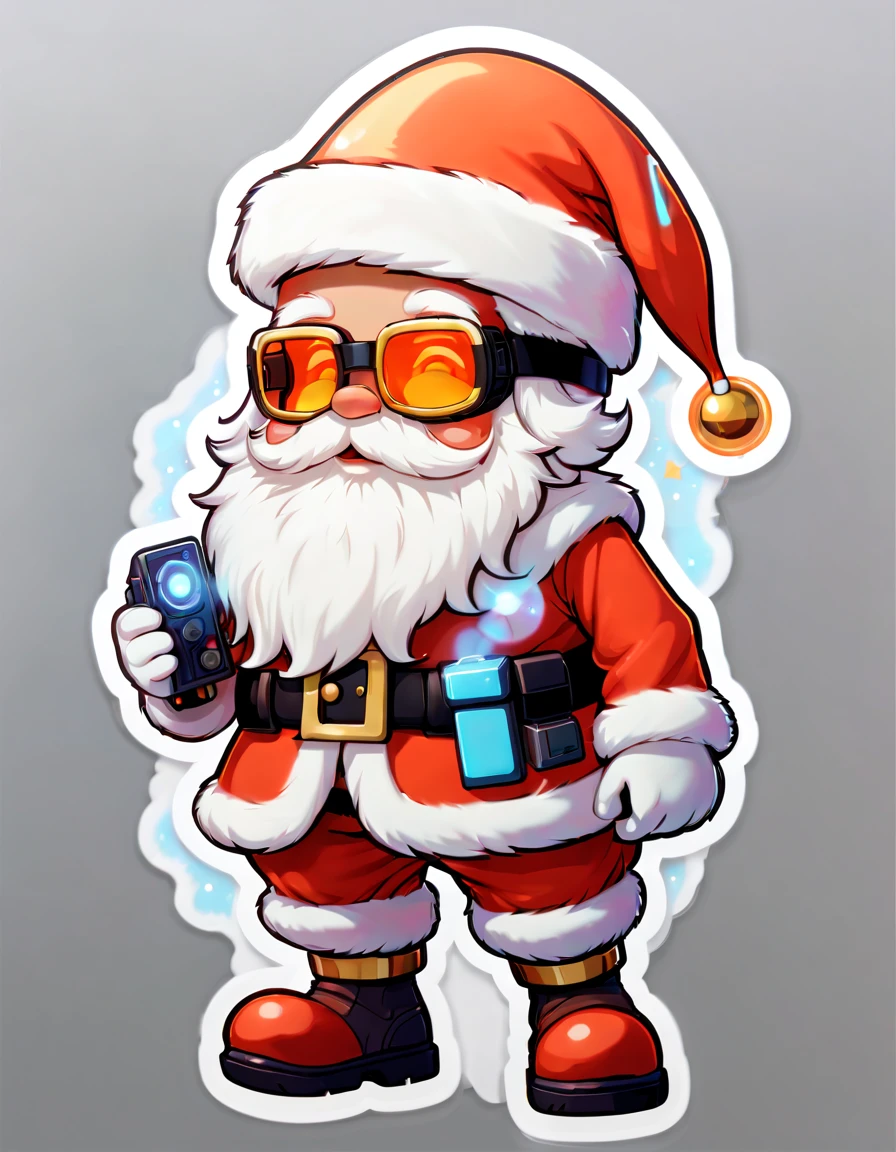 (((Stickers, Sticker)))，（Full body photo），1 transparent cute Santa Claus，Transparent mech，Exquisite Christmas hat，Luminous goggles，cyber punk personage，Dreamy glow，(((white border frame，Sticker，a sticker)))，Orange background