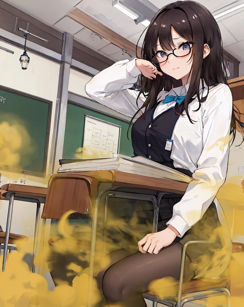 8K，,(( 1 girl in)), Character focus,EVA ，brunette color hair，eye glass，‎Classroom，Fart