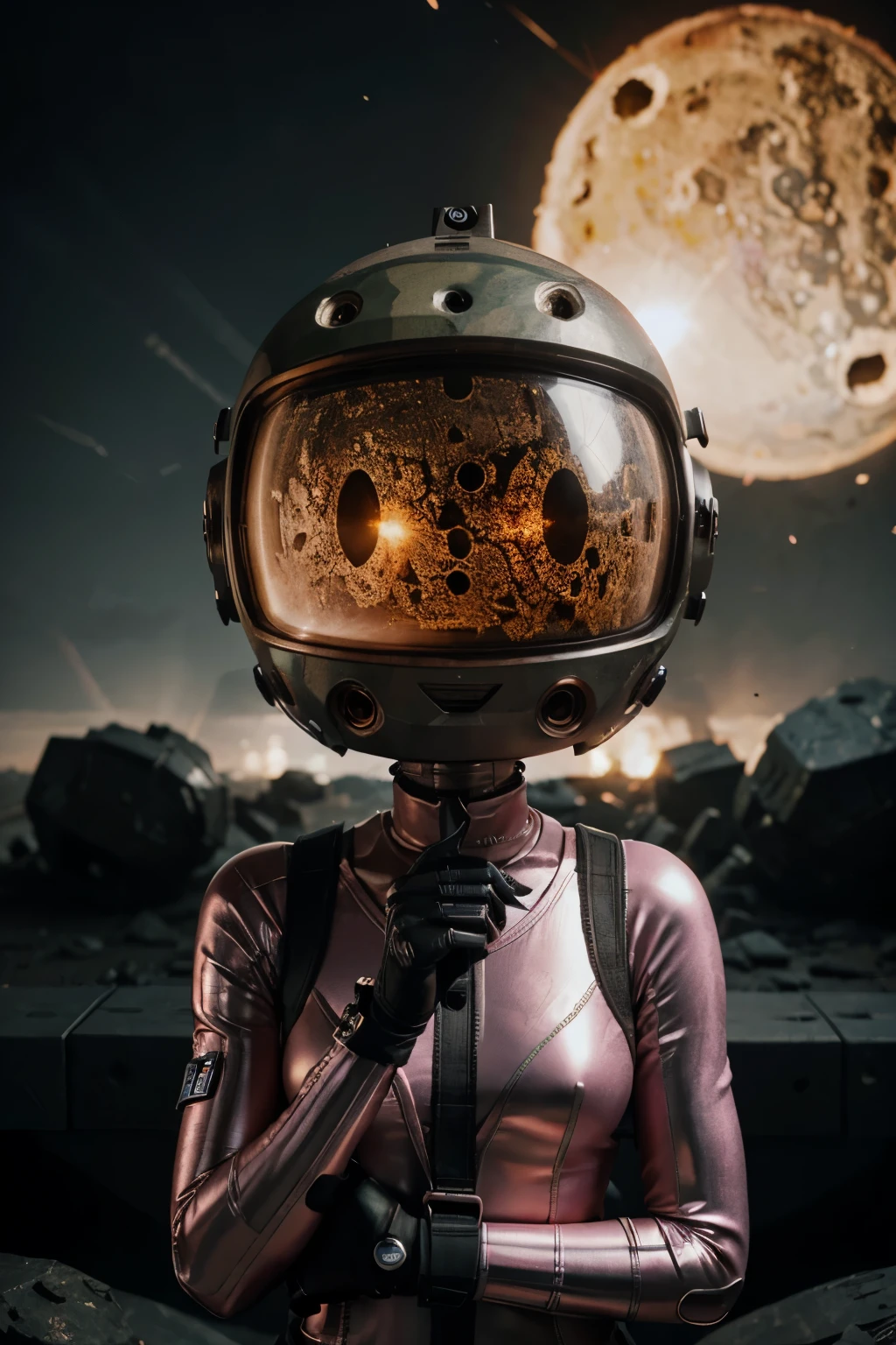 A Modern flat toon Crazy whit a Big ONE a Only Eye Robot and helmet Style, tongs in hands, Tv head, pinhead, camouflage PINK Rusty, Ambient in a meteorite crater super detailed, center, beautiful, soft lighting, focused on the character, 4K resolution, photorealistic rendering,