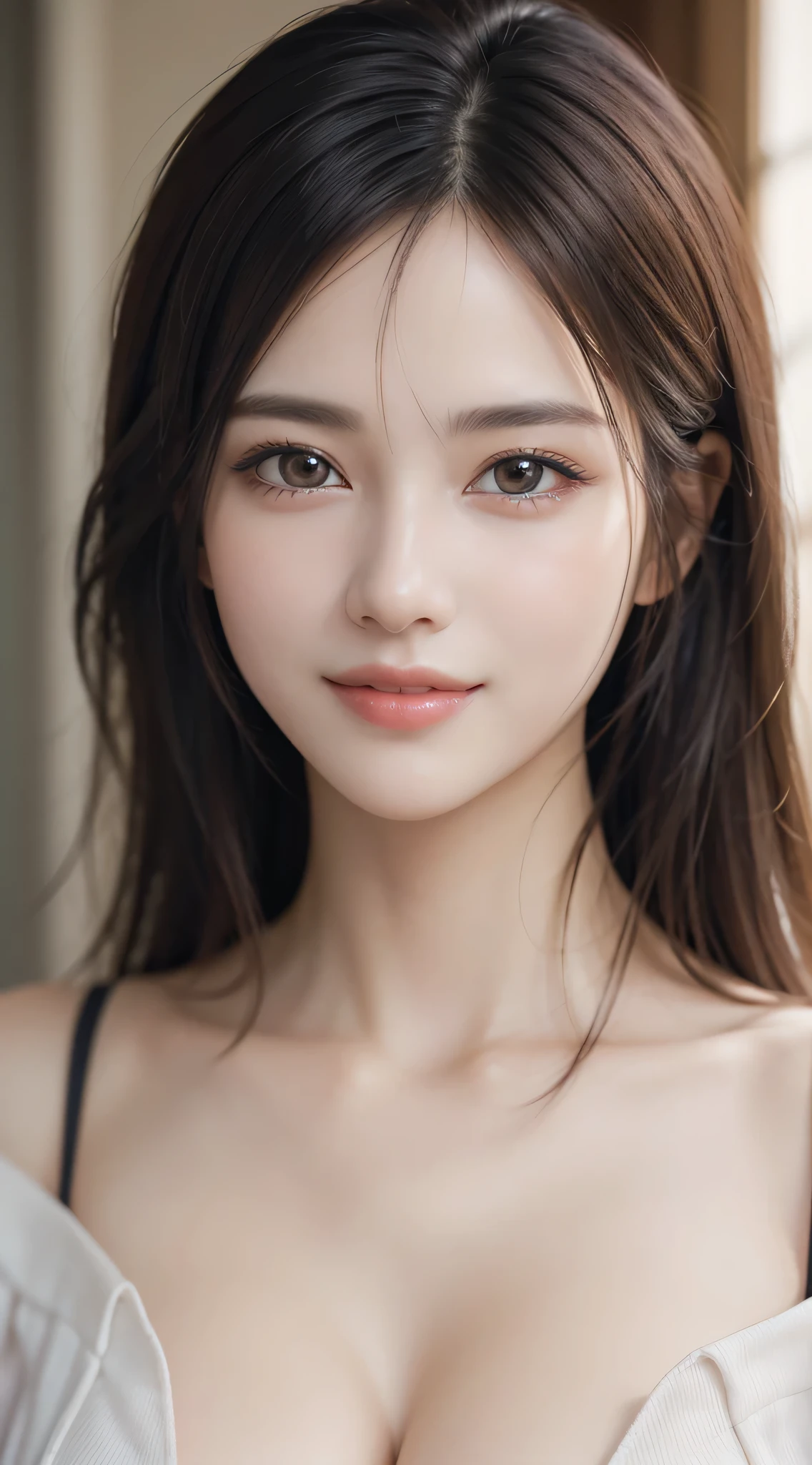 1womanl, (Ultra Realistic, hight resolution), (Highly detailed eyes, Highly detailed hair, Highly detailed face, Highly detailed plump lips), (off shoulder with open breasts), breasts, Upper body, Search Smile, (Best Quality:1.4), Raw photo, (Realistic, photo-Realistic:1.37), Professional Photography, Cinematic Light, (Fine face: 1.2),