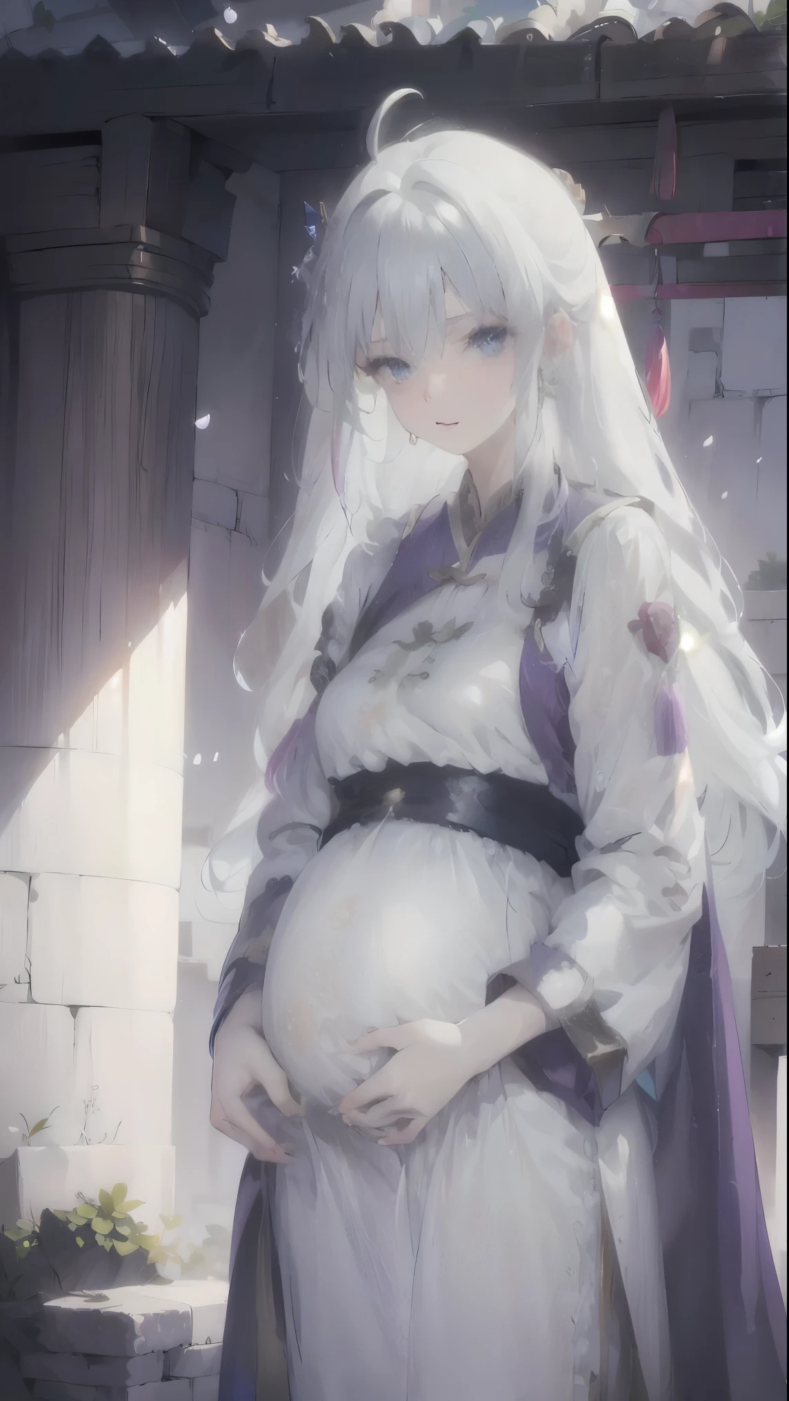 Golden hairpin, white ash hair, blue clothes, (purple cloack: 1.ale face, sweating, heavy breath, blushing, pregnancy  dresest quality:1.2), ultra-detailed,realistic ,portraits, vivid colors, soft lighting, interesting PoV, stocking, straight hair, pregnant, Pregnant  belly, anime girl, solo girl, light blue eyes, Chinese sword, swing sword