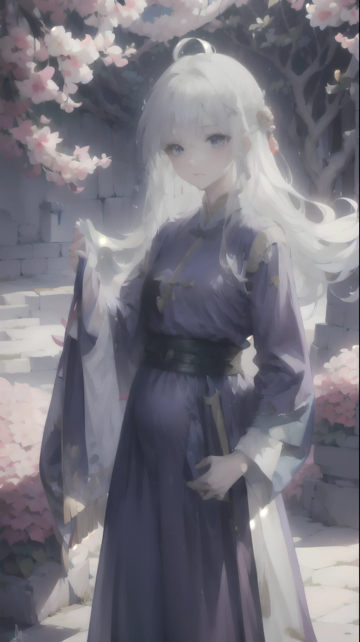 Golden hairpin, white ash hair, blue clothes, (purple cloack: 1.ale face, sweating, heavy breath, blushing, pregnancy dresest quality:1.2), ultra-detailed,realistic ,portraits, vivid colors, soft lighting, interesting PoV, stocking, straight hair, pregnant, Pregnant belly, anime girl, solo girl, light blue eyes, Chinese sword, swing sword