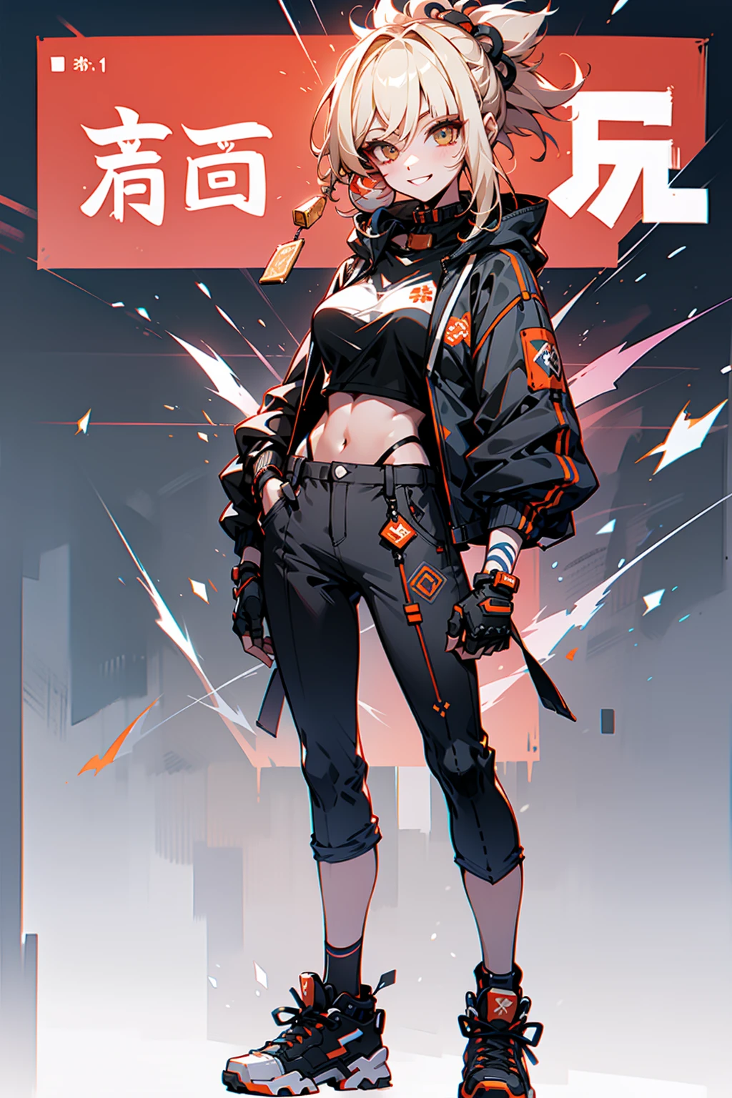doom \(league of legend\), 1 girl&#39;s big breasts,Smilingly，Alone, woven, double braid, (长长的金色the hair), Surprised eyes,tattoo is, (opens his eyes wide:0.9),See the audience, arm tattoos, middling, lookingat_Shown in_Peek at viewers, short_the hair, mitts, navel, fail, blue_There are eyes, Eternal, full_body, arma, footwear, collars, Black_mitts, septum, hooded, the hair_exceed_Yoon_There are eyes, _top, hoody, Black_trouser, athletic sneakers, fail_, cropped_jaket, Ed_Shown in_pocket, cyber punk personage, cropped_hoody 直立