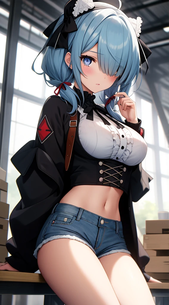 Meisterwerk, best quality, hight resolution, Arbeitsspeicher 1, 1girls, nur, rem \(re:Null\), blaues Haar, kurzes Haar, Rote Augen, hair above one eye, ribbon trim, Haarband, x Haarschmuck, frills, Crop top white, Jeans-Shorts,mid large breasts, Spaltung, wide sleeves, Haarblume, drinnen, sitzend, gekreuzte Beine,