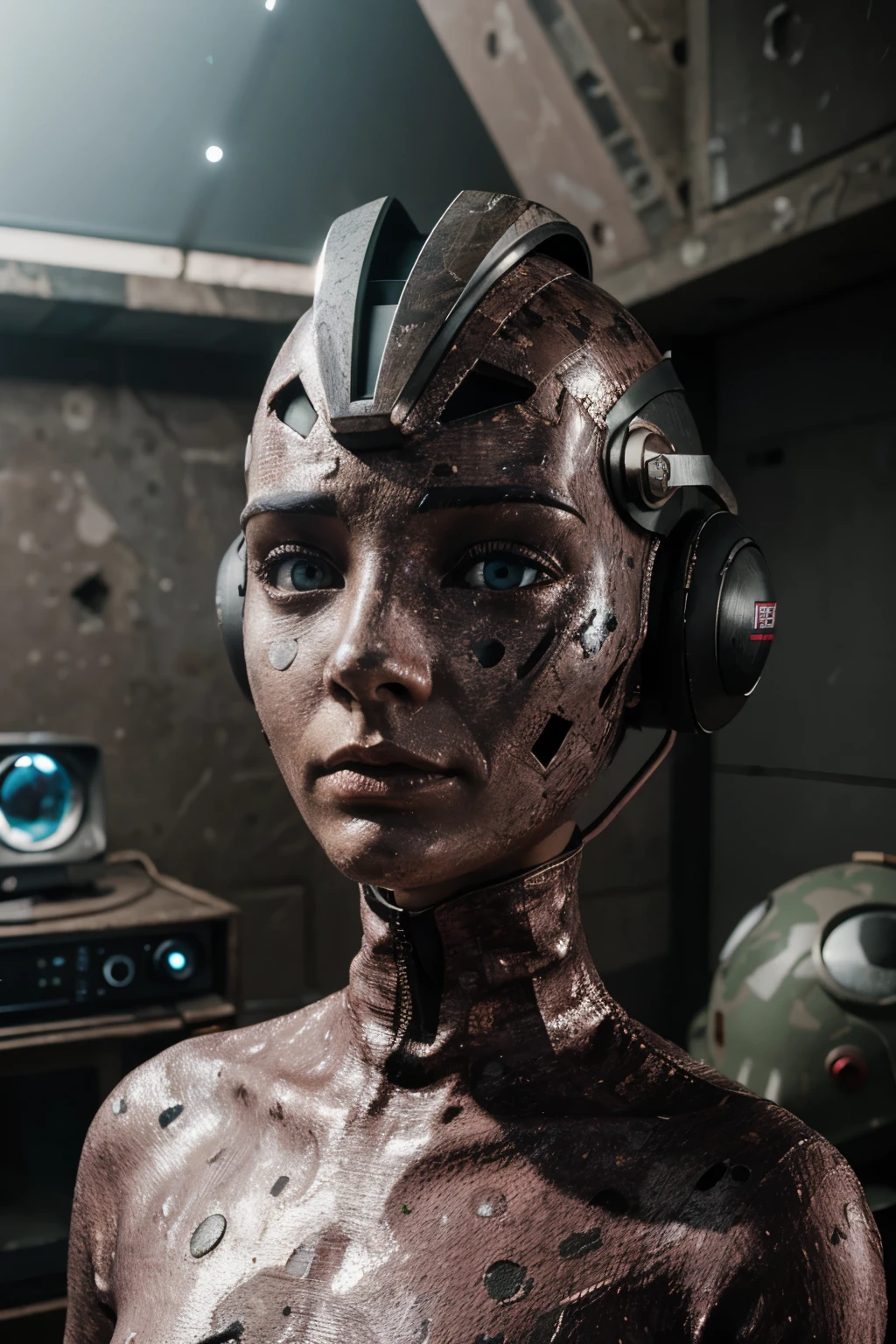 A Modern flat toon Crazy whit a Big ONE a Only Eye Robot and helmet Style, tongs in hands, Tv head, pinhead, camouflage PINK Rusty, Ambient in a meteorite crater super detailed, center, beautiful, soft lighting, focused on the character, 4K resolution, photorealistic rendering,