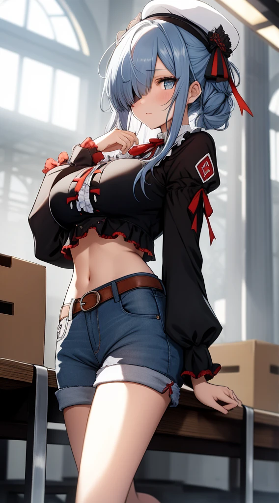 Meisterwerk, best quality, hight resolution, Arbeitsspeicher 1, 1girls, nur, rem \(re:Null\), blaues Haar, kurzes Haar, Rote Augen, hair above one eye, ribbon trim, Haarband, x Haarschmuck, frills, Crop top white, Jeans-Shorts,mid large breasts, Spaltung, wide sleeves, Haarblume, drinnen, sitzend, gekreuzte Beine,