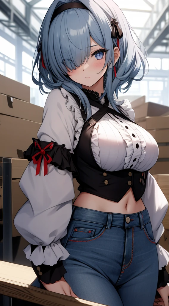 Meisterwerk, best quality, hight resolution, Arbeitsspeicher 1, 1girls, nur, rem \(re:Null\), blaues Haar, kurzes Haar, Rote Augen, hair above one eye, ribbon trim, Haarband, x Haarschmuck, frills, Crop top white, Jeans-Shorts,mid large breasts, Spaltung, wide sleeves, Haarblume, drinnen, sitzend, gekreuzte Beine,