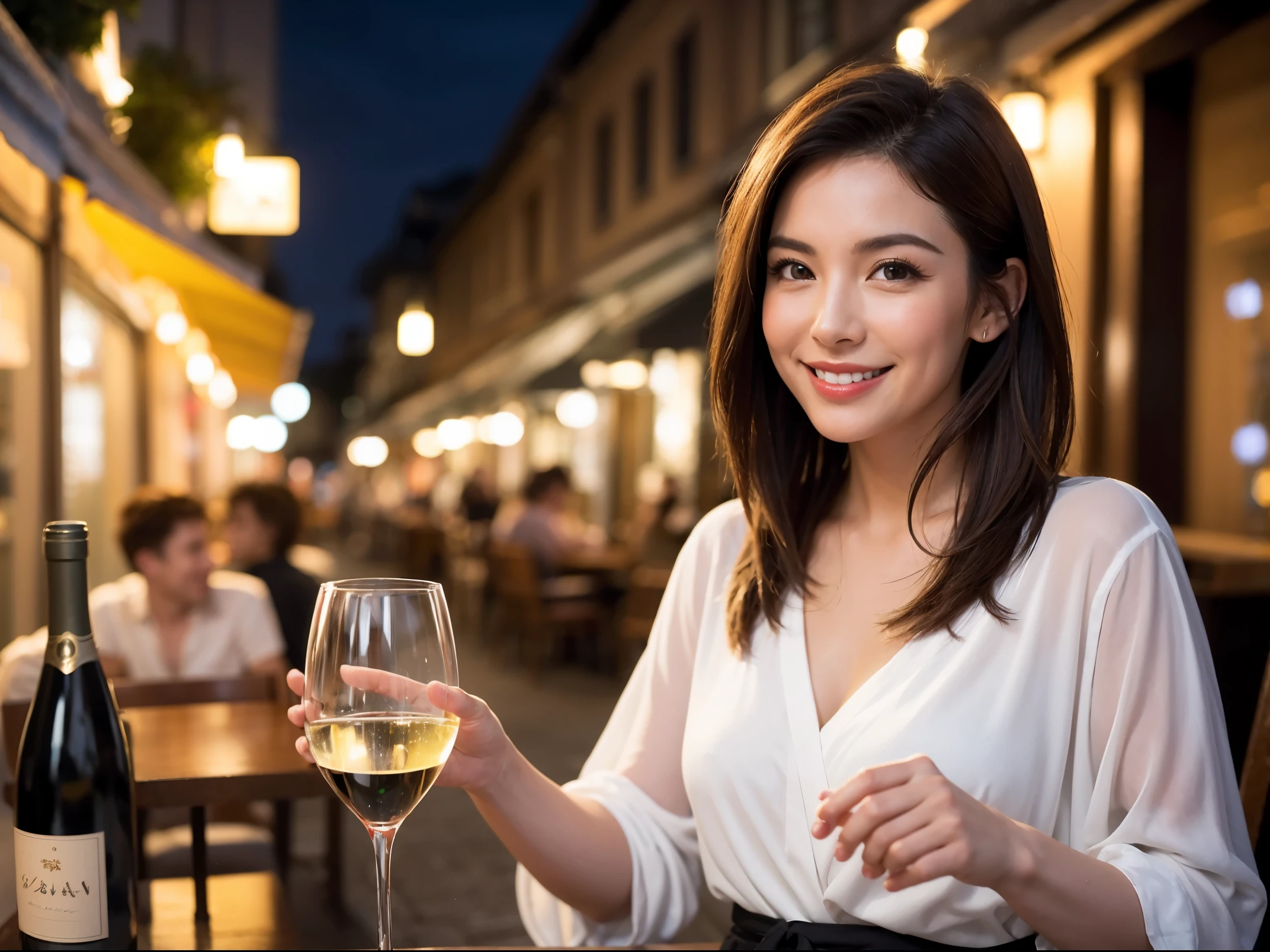 (64k uhd, nffsw, of the highest quality, masutepiece: 1.2), (Realistic, Photorealistic: 1.37), Pretty Woman 1, (Slim Face), (slimボティ), (Brown hair), (short-cut), Italian、Spaniard、Dutchman、Americana、Frenchman、cheeks blush a little, (40 years old), 38 years, Solo, A beautiful and detailed night view spreads out outside the window........, restaurant, wine glassesに座って, At night, In a prominent place (from waist up) NovaFrogStyle, actress, Model, waist-up, white wine, slim, wine glasses, Super clean night view, 真ん中に置かれたwine glasses, Happy smile, (Smile: 1.15), Beautiful fine eyes, Upper body, Bust Japan Up, Night, Short, Short, actress, Model, waist-up, white wine, slim, wine glasses, Super clean night view, 真ん中に置かれたwine glasses, Happy smile,