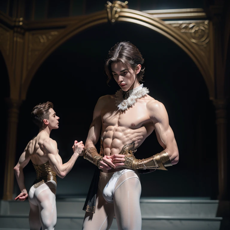 (2 male ballet dancers, nutcracker ballet, prince castrates rat king, male ballet tights, male crotch bulge, buttocks)