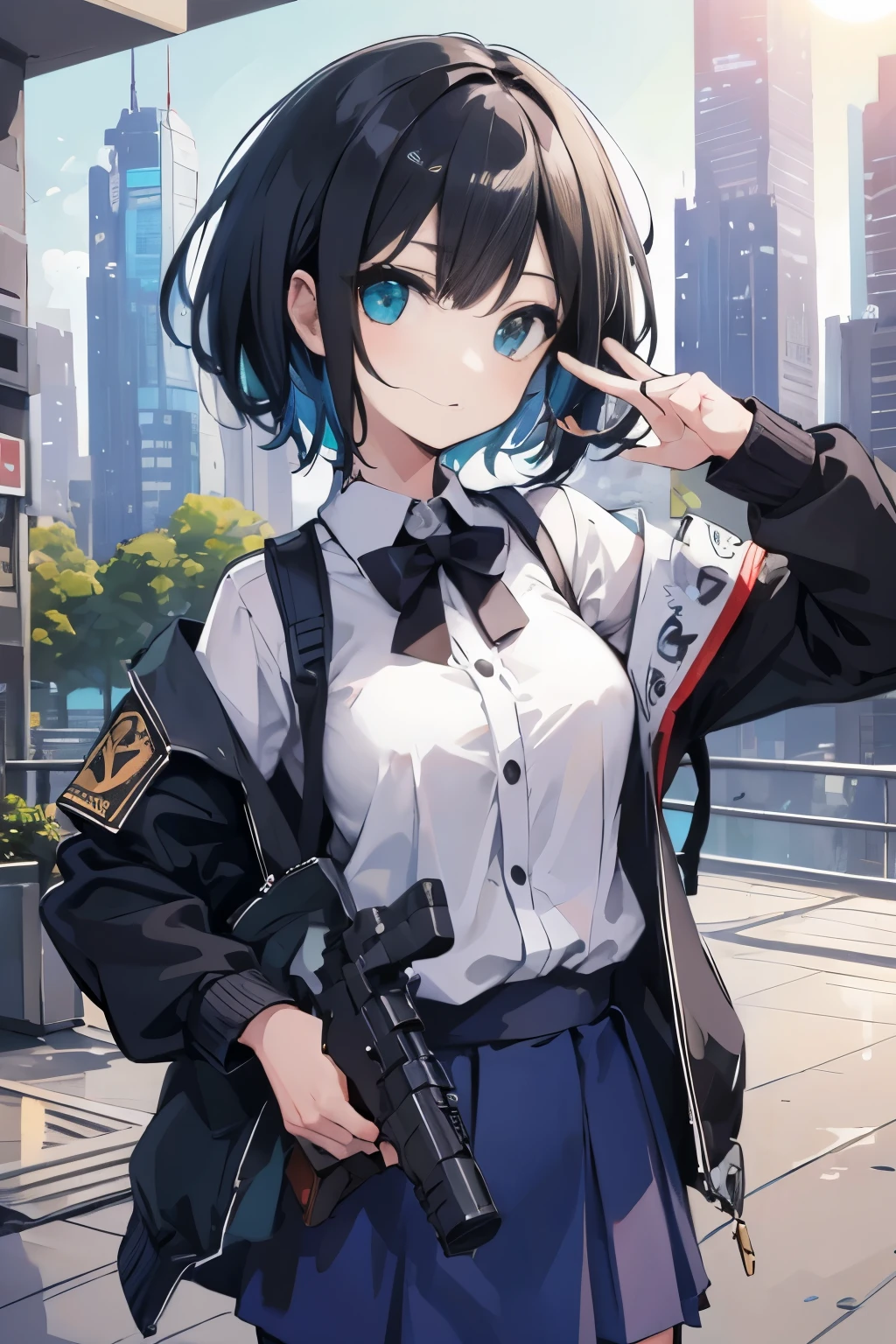 (masutepiece:1.2, Best Quality, Top Quality, Lens Flare, Depth of Field,), (Close Up: 1.3), (Wide Shot, Fisheye: 0.85), Face Focus, [1 girl in, expressioness, (Turquoise eyes:1.3),jet-black hair, Half shorthair,White jacket,Take off your jacket, Blouse with Open Chest, breast, ] , (Holding a Weapon, Holding a pistol,holding:1.2), gun, firing, city, street, road sign, skyscraper,