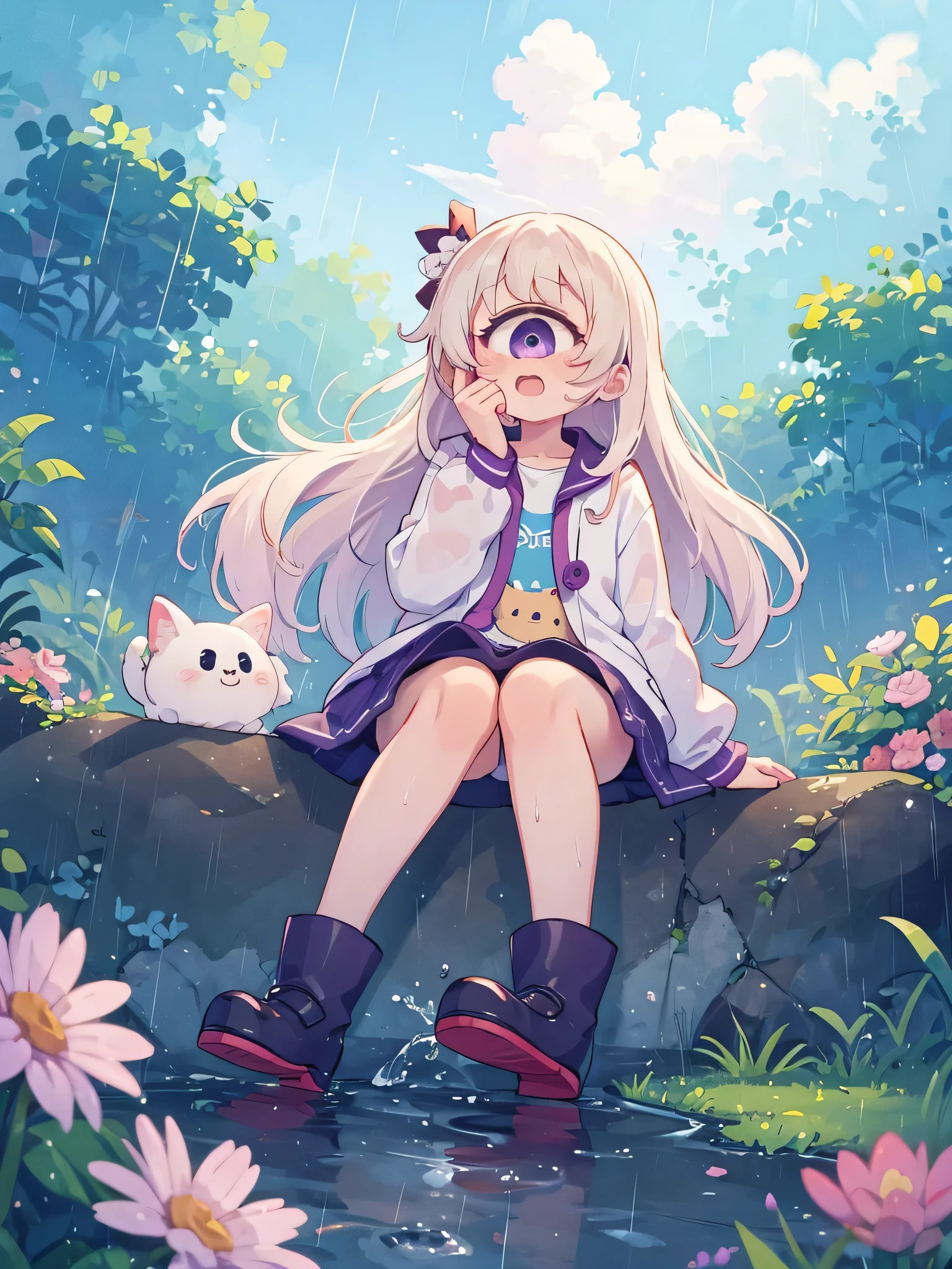 A girl sitting on a rock with a cat in her lap - SeaArt AI
