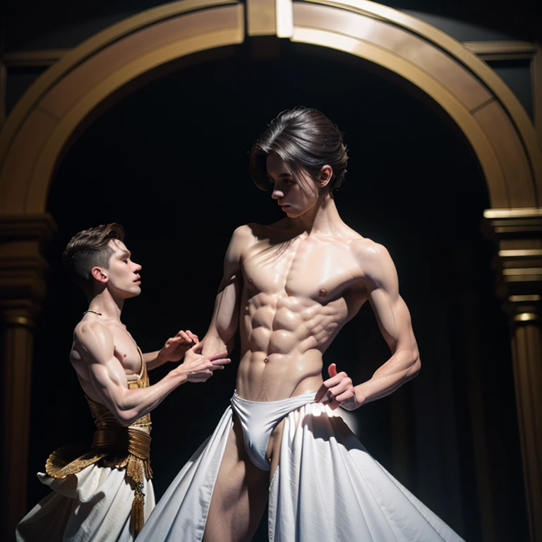 (2 male ballet dancers, nutcracker ballet, prince castrates rat king, male ballet tights, male crotch bulge, buttocks)