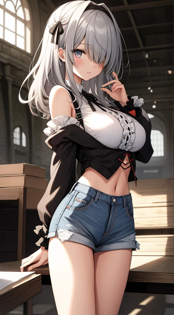 Meisterwerk, best quality, hight resolution, Arbeitsspeicher 1, 1girls, nur, rem \(re:Null\), silbernes Haar, kurzes Haar, Rote Augen, hair above one eye, ribbon trim, Haarband, x Haarschmuck, frills, Crop top white, Jeans-Shorts,mid large breasts, Spaltung, wide sleeves, Haarblume, drinnen, sitzend, gekreuzte Beine,