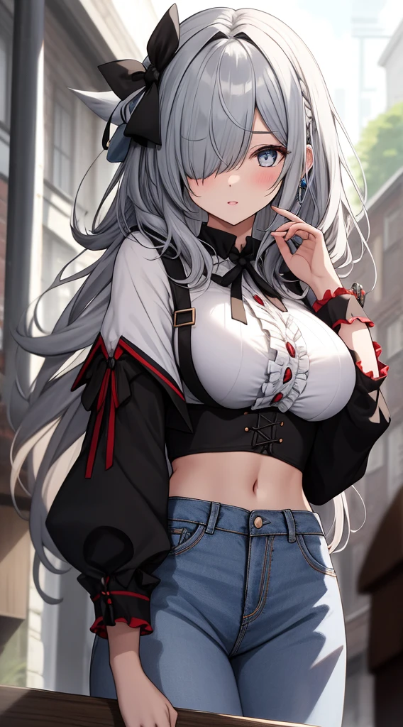 Meisterwerk, best quality, hight resolution, Arbeitsspeicher 1, 1girls, nur, rem \(re:Null\), silbernes Haar, kurzes Haar, Rote Augen, hair above one eye, ribbon trim, Haarband, x Haarschmuck, frills, Crop top white, Jeans-Shorts,mid large breasts, Spaltung, wide sleeves, Haarblume, drinnen, sitzend, gekreuzte Beine,