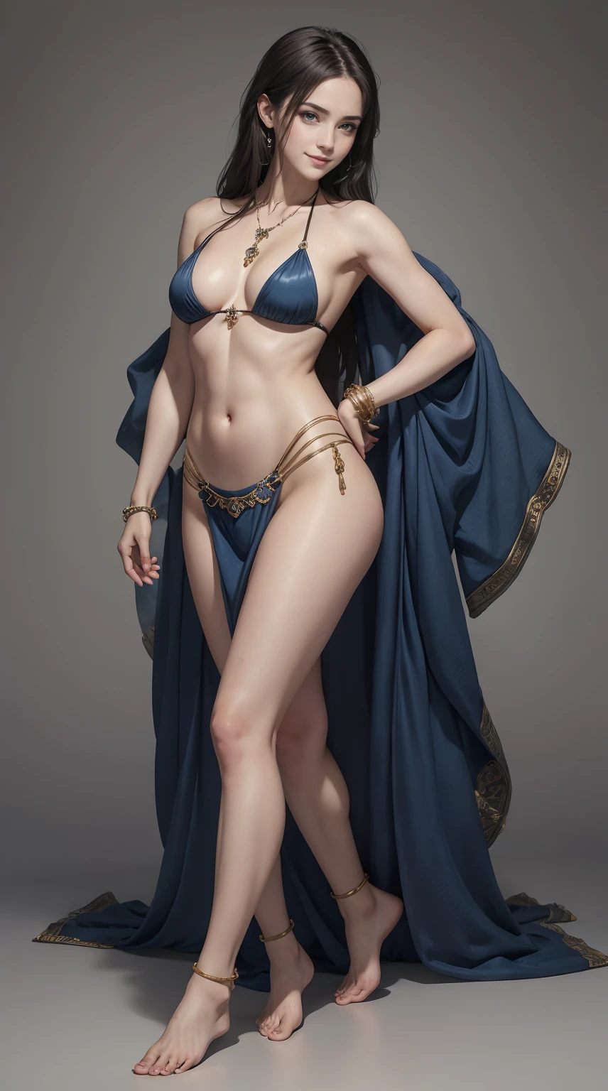 24-year-old Caucasian woman、Hair is brunette、Eye color is blue、Semi-long、Slender but well-proportioned muscular man、My abs are cracked、The belly button is out、a smile、wearing a rosary necklace、accessories on wrist、She&#39;s wearing a transparent belly dance costume.、Being barefoot、wearing gorgeous anklets、studio shoot、art nouveau background