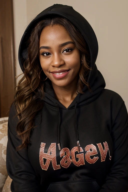 Nigerian smiling Woman named Angela 37 yo, portrait, face portrait, smiling, voluptuous, red lips, wavy hair, brown blonde hair, cleavage, ((black pullover hoodie)),