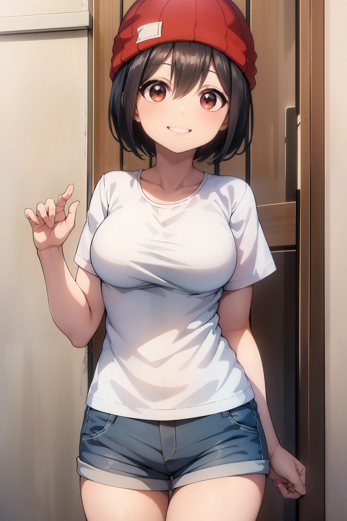 Best Quality, masutepiece, 1girl in, (Solo:1.1), 光线追踪, ultra-detailliert,Detailed face, 8K Wallpaper,  wide hips, Smile, Fuuko Izumo NDV, 1girl in, Black hair, Brown eyes, Large breasts, Short hair, Red Beanie, White T-shirt, shortpants, plein air,