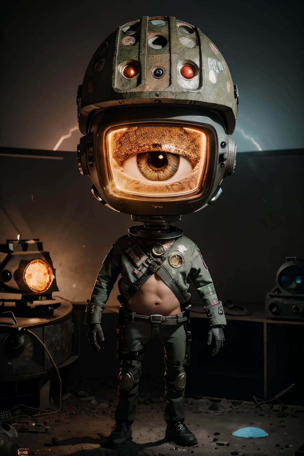A Modern flat toon Crazy whit a Big ONE a Only Eye Robot and helmet Style, tongs in hands, Tv head, pinhead, camouflage PINK Rusty, Ambient in a meteorite crater super detailed, center, beautiful, soft lighting, focused on the character, 4K resolution, photorealistic rendering,