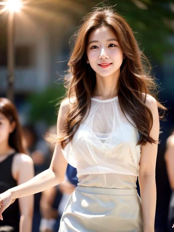 Long dark brown hair、Bright brown eyes、1girl in、A slender、cute little、Innocence、(Photorealsitic、lensflare:1.4)、(intricate-detail:1.2)、(​masterpiece、:1.3)、(top-quality:1.4)、(超A high resolution:1.2)、cinematric light、超A high resolution、(A detailed eye)、(detailed facial features)、nffsw、8K分辨率、Facing the audience、(shinny skin)、dream-like、Light-colored tank top with a slight sheer feel、a short skirt、full body Esbian、sexy  pose、chee、In the street