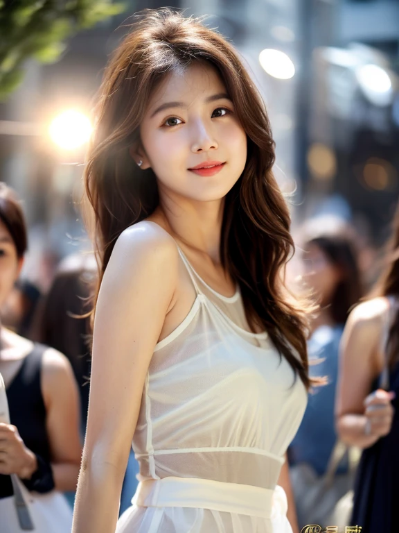 Long dark brown hair、Bright brown eyes、1girl in、A slender、cute little、Innocence、(Photorealsitic、lensflare:1.4)、(intricate-detail:1.2)、(​masterpiece、:1.3)、(top-quality:1.4)、(超A high resolution:1.2)、cinematric light、超A high resolution、(A detailed eye)、(detailed facial features)、nffsw、8K分辨率、Facing the audience、(shinny skin)、dream-like、Light-colored tank top with a slight sheer feel、a short skirt、full body Esbian、sexy  pose、chee、In the street