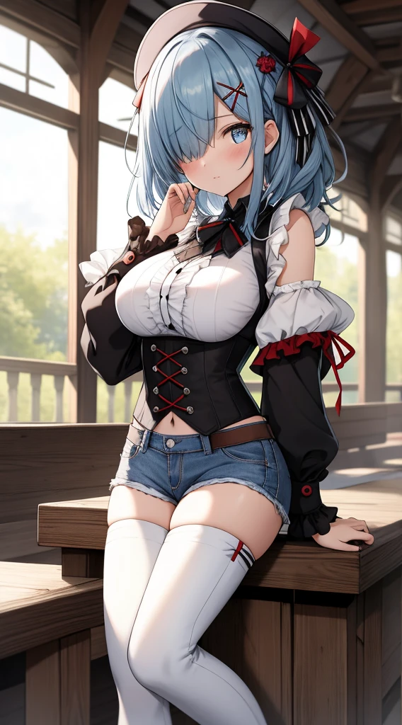 Meisterwerk, best quality, hight resolution, Arbeitsspeicher 1, 1girls, nur, rem \(re:Null\), blaues Haar, kurzes Haar, Rote Augen, hair above one eye, ribbon trim, Haarband, x Haarschmuck, frills, Crop top white, Jeans-Shorts,mid large breasts, Spaltung, wide sleeves, Haarblume, drinnen, sitzend, gekreuzte Beine,