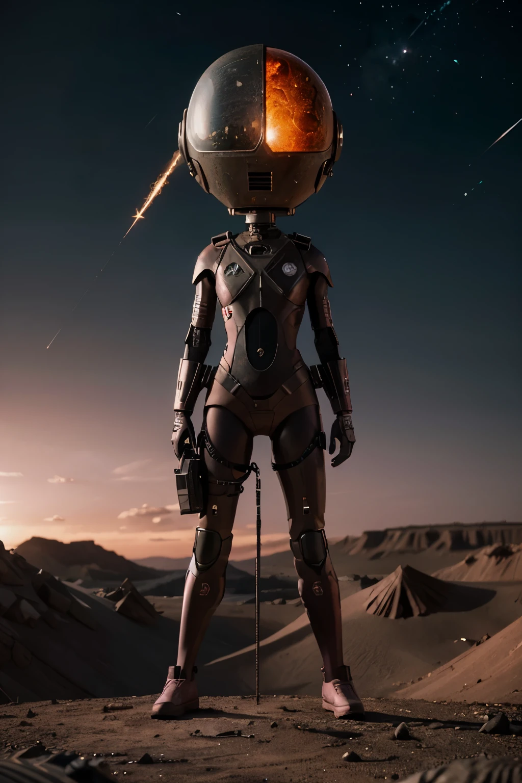 A Modern flat toon Crazy whit a Big ONE a Only Eye Robot and helmet Style, tongs in hands, Tv head, pinhead, camouflage PINK Rusty, Ambient in a meteorite crater super detailed, center, beautiful, soft lighting, focused on the character, 4K resolution, photorealistic rendering,