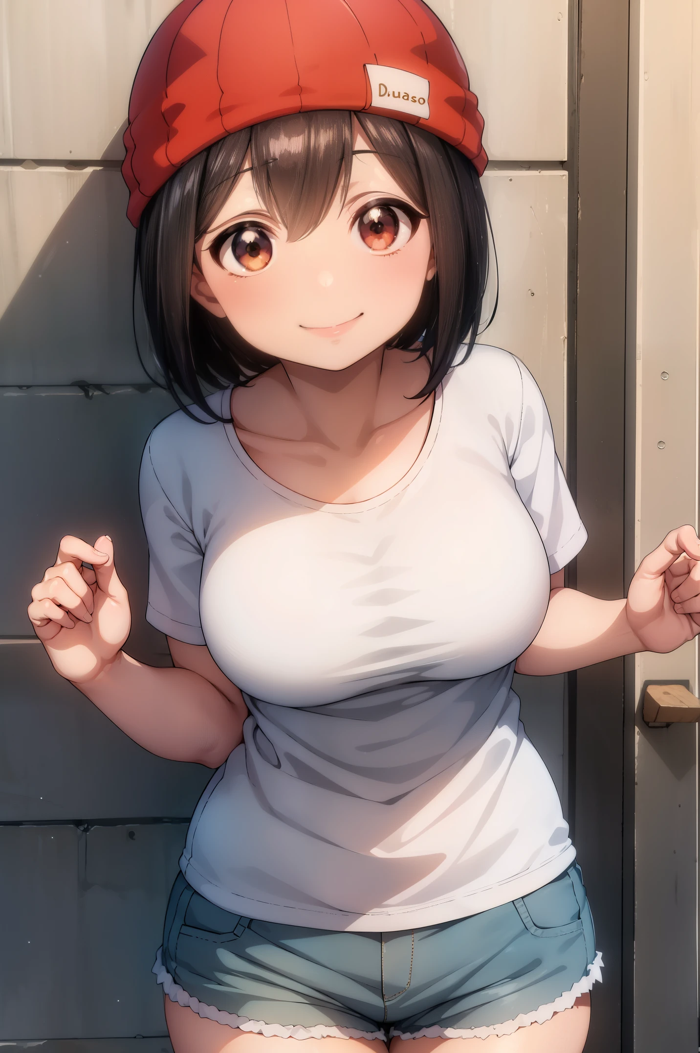 Best Quality, masutepiece, 1girl in, (Solo:1.1), 光线追踪, ultra-detailliert,Detailed face, 8K Wallpaper,  wide hips, Smile, Fuuko Izumo NDV, 1girl in, Black hair, Brown eyes, Large breasts, Short hair, Red Beanie, White T-shirt, shortpants, plein air,