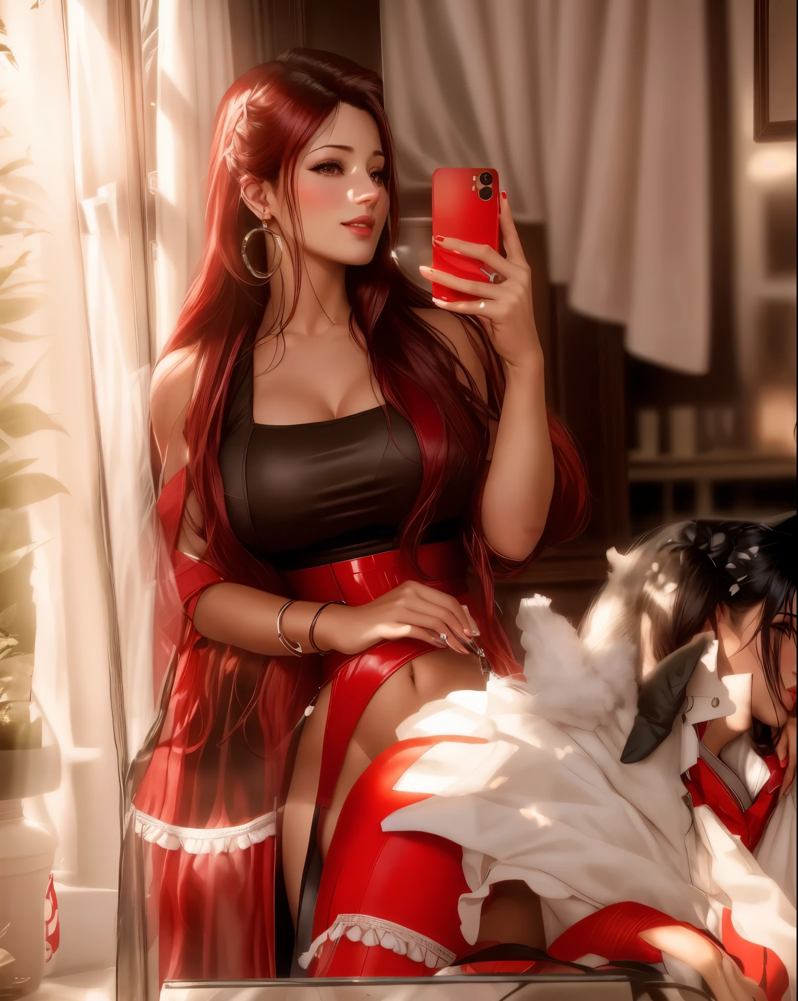 arafed image of a sexy couple posing together in a window, seductive tifa lockhart portrait, tifa, tifa lockhart, tifa lockheart, tifa lockhart portrait, glamorous tifa lockheart, portrait of tifa lockhart, tifa lockhart with Red and white hair, range murata and artgerm, 8k high quality detailed art