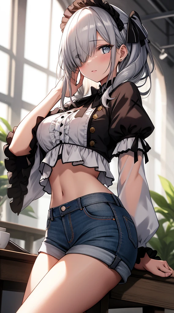 Meisterwerk, best quality, hight resolution, Arbeitsspeicher 1, 1girls, nur, rem \(re:Null\), blaues Haar, kurzes Haar, Rote Augen, hair above one eye, ribbon trim, Haarband, x Haarschmuck, frills, Crop top white, Jeans-Shorts,mid large breasts, Spaltung, wide sleeves, Haarblume, drinnen, sitzend, gekreuzte Beine,