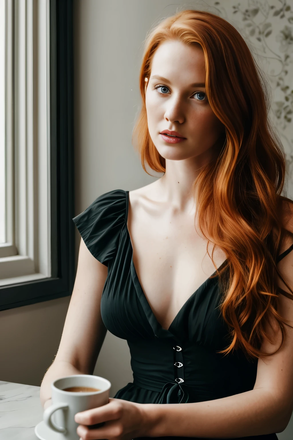 1girl in, age35, Solo, Aesthetic artwork, irish redhead, wavy ginger hair, shoulder length ginger hair, gray eyes, light grey eyes, some small freckles, pale skin, A-cup, small breasts, runners body, (textured skin, skin pores:1.1), (moles:0.8), imperfect skin, goosebumps, sitting down having coffee, drinking coffee, (extremely detailed 8k wallpaper), soft lighting, high quality, film grain, Fujifilm XT3 sharp focus, f 5.6, 50mm, High Detail, Sharp focus,(natural light), in a black colored dress. A black sundress, floral pattern sundress, crazy details, complex details, hyperdetailed, nude, nipple