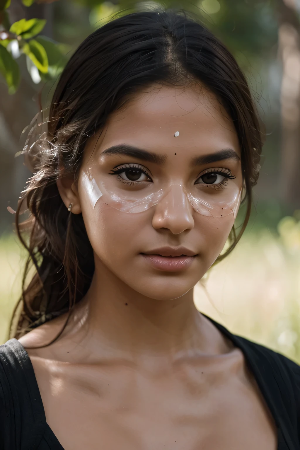 (best quality, ultra-realistic portrait photo),(color accuracy, skin tone accuracy, natural and lifelike), dynamic lighting, soft and natural shadows, (1 subject) with beautiful nanural eyes and captivating expression, cowboy shot, realistic skin texture, nikon d850 film, lens, porter 400 1.6, rich colors, ultra-realistic texture, spectacular, bright, popular at art stations: zinc tungsten up to 800 ( face transparency: 1.5), anatomical masterpiece, award-winning photography, complex, detailed, stunning, fine detail,  black highlighted hair, indian 23 years old woman, Instagram influencer,