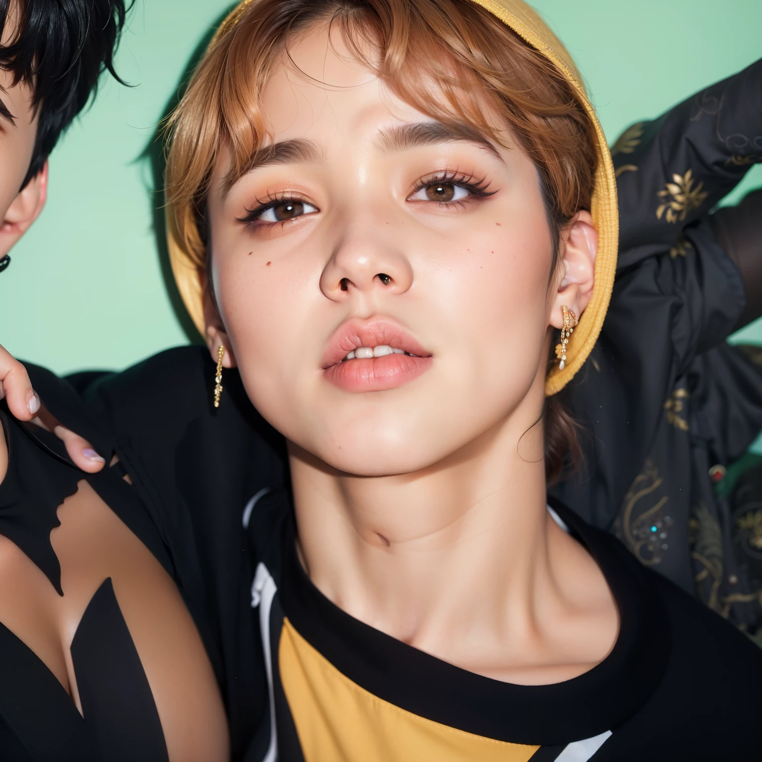 um close de uma pessoa com camisa preta e uma pessoa com camisa marrom, Jimin\Plump lips, Jimin, park Jimin, Jimin\'s right eyelid swollen, Jimin\Nariz grego, accurate Jimin face, Retrato de Jossi de Blackpink, portrait of kpop idol, Todos do Grupo NCT, chave ainda, Hyung Tae