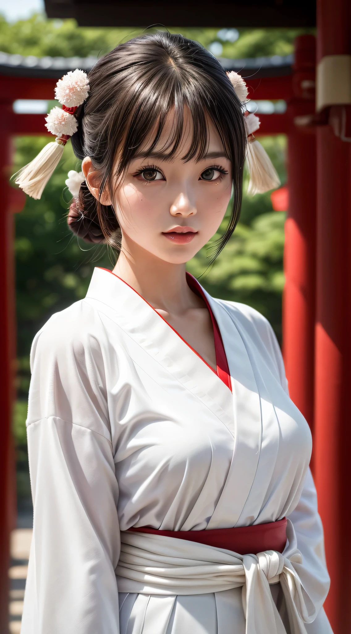 1girl in, Chignon, Hair ornaments, Water leads, (shrines maiden), (Japanese style shrines maiden costume, White haori, Red Hakama:1.4), Extremely cute, Amazing face and eyes, (extremely detailed beautiful face), (Ultra Realistic), (Highly detailed eyes, Highly detailed hair, Highly detailed face, Highly detailed plump lips), Upper body, Search Smile, (Best Quality:1.4), Raw photo, (Realistic, photo-Realistic:1.37), Professional Photography, Cinematic Light, divine, shrines, Red torii gate,